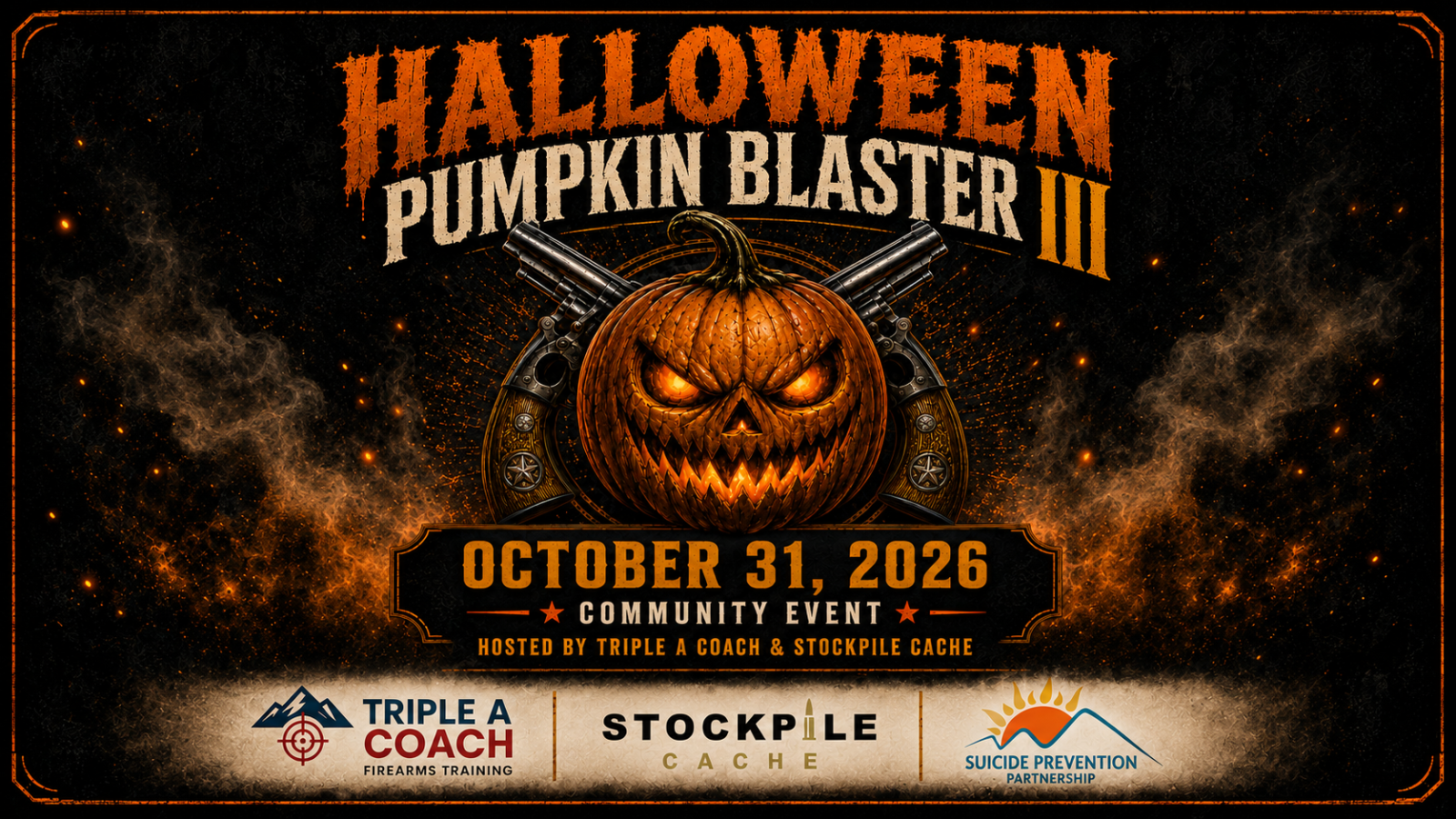 Halloween Pumpkin Blaster III community shooting event hosted by Triple A Coach and Stockpile Cache on October 31, 2026.