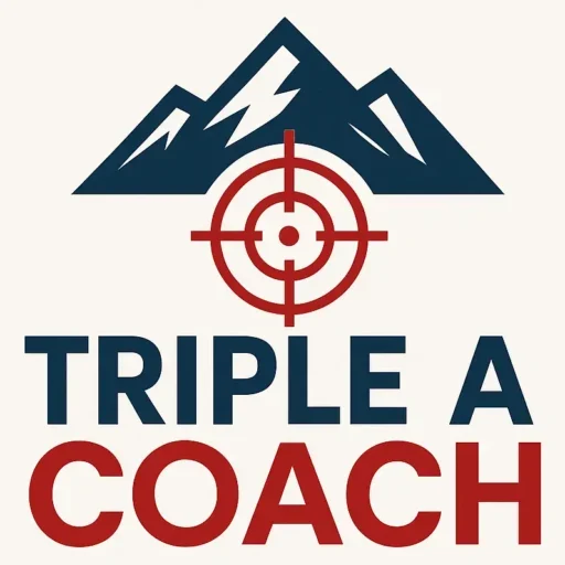 Logo for Triple A Coach LLC featuring a red target symbol in front of a dark blue mountain range, with bold text reading "Triple A Coach Firearms Training" below.